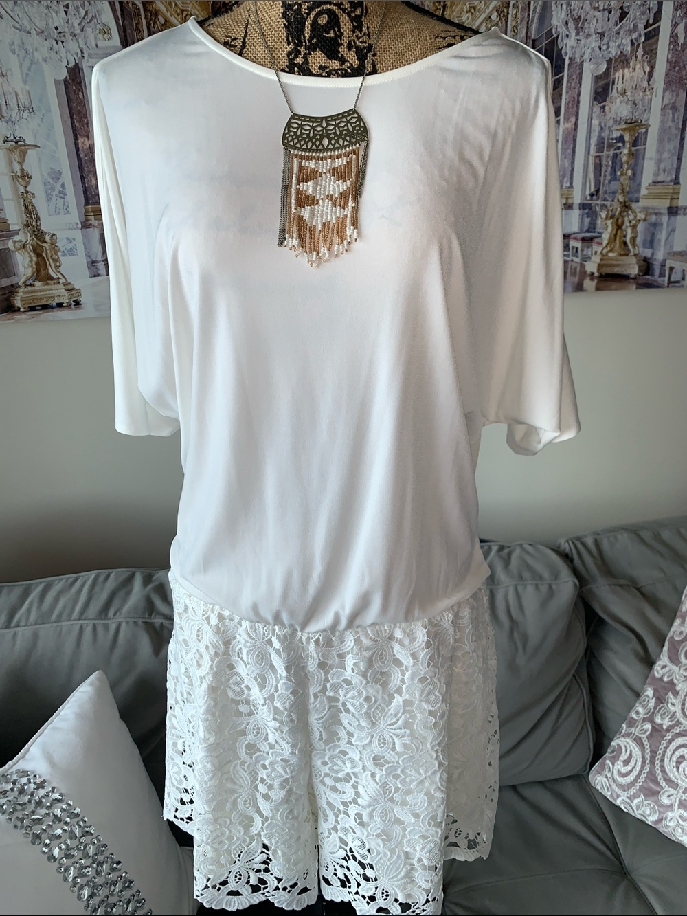 Boston Proper White Lace-Shorts Romper